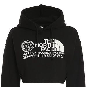 The North Face Cropped Hoodie Black XL features a drawstring hood, worn once